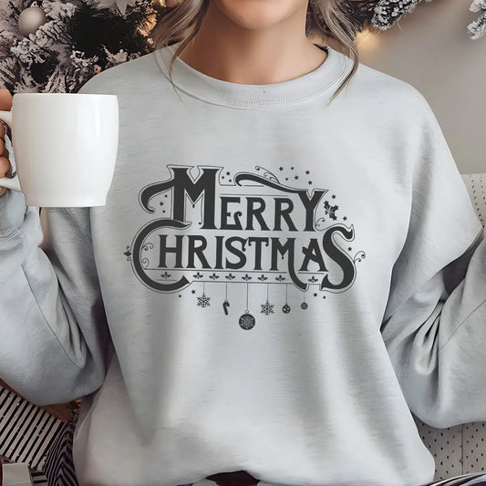 Gray sweatshirt with classic “Merry Christmas” DTF transfer in bold vintage lettering and hanging ornaments design.