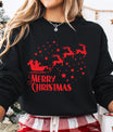 Black sweatshirt with red “Merry Christmas” DTF transfer showing Santa in a sleigh led by reindeer surrounded by stars.