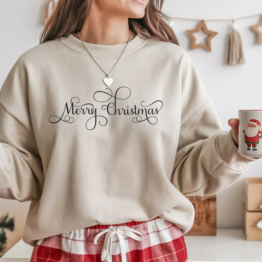 Sand-colored sweatshirt with elegant black script “Merry Christmas” DTF transfer in a minimalist calligraphy style.