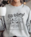 Grey sweatshirt with “Late Delivery” DTF design showing Santa in traffic surrounded by cars, humorous Christmas print.