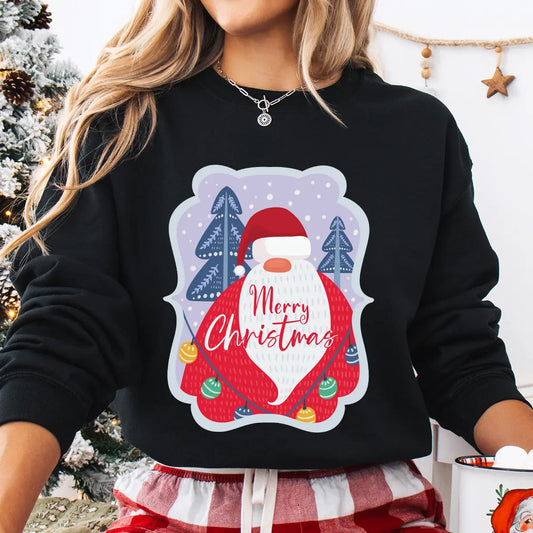 Black sweatshirt featuring a colorful Santa design with trees, snow, and ornaments and “Merry Christmas” text – festive DTF transfer design.
