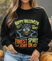 Black sweatshirt with a glowing-eyed scary tree monster and text “Happy Halloween – Forest Spirit Scary On,” perfect for spooky Halloween apparel.