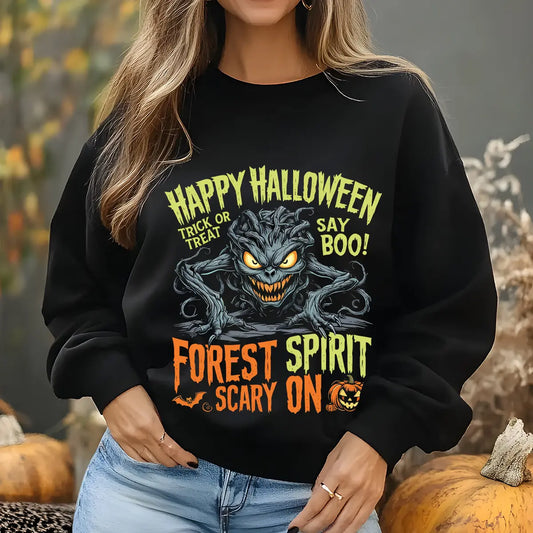 Black sweatshirt with a glowing-eyed scary tree monster and text “Happy Halloween – Forest Spirit Scary On,” perfect for spooky Halloween apparel.