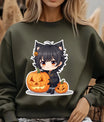 Olive green sweatshirt with a chibi cat boy in black outfit standing beside two carved pumpkins—cute Halloween DTF design for anime lovers.