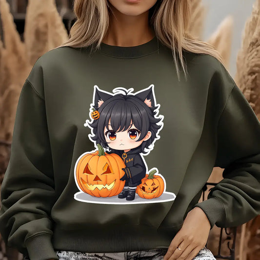Olive green sweatshirt with a chibi cat boy in black outfit standing beside two carved pumpkins—cute Halloween DTF design for anime lovers.