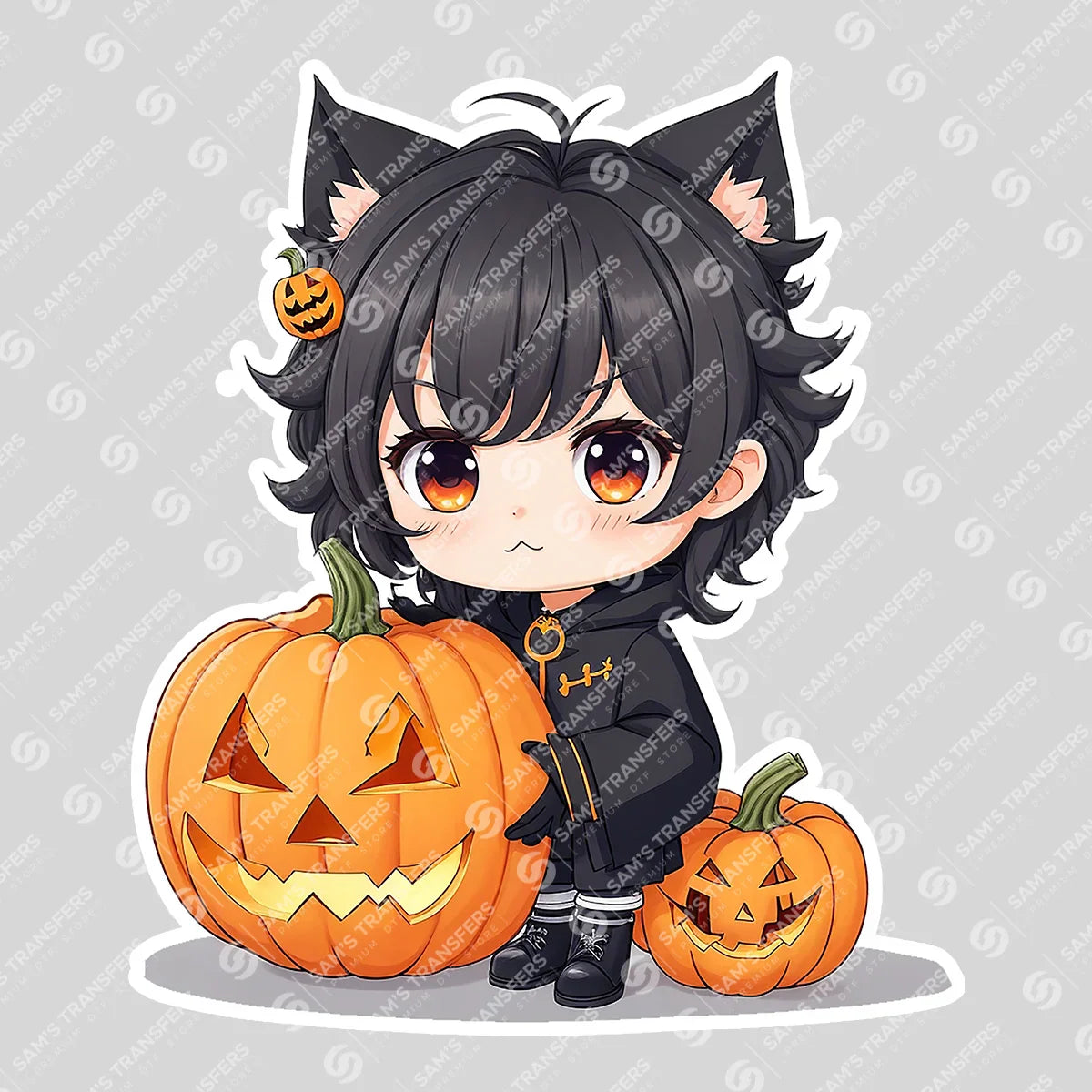 Cute Cat Boy with Pumpkins Halloween DTF Transfer – Chibi Anime Design