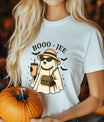 White t-shirt with fashionable ghost in hat, pearls, and sunglasses—BOOO-JEE Halloween DTF transfer design.