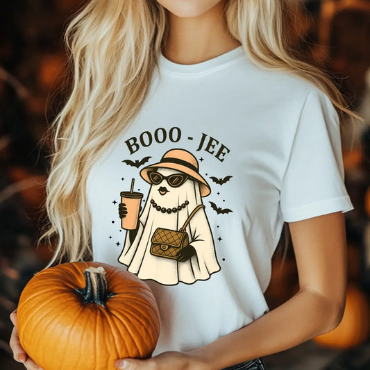 White t-shirt with fashionable ghost in hat, pearls, and sunglasses—BOOO-JEE Halloween DTF transfer design.