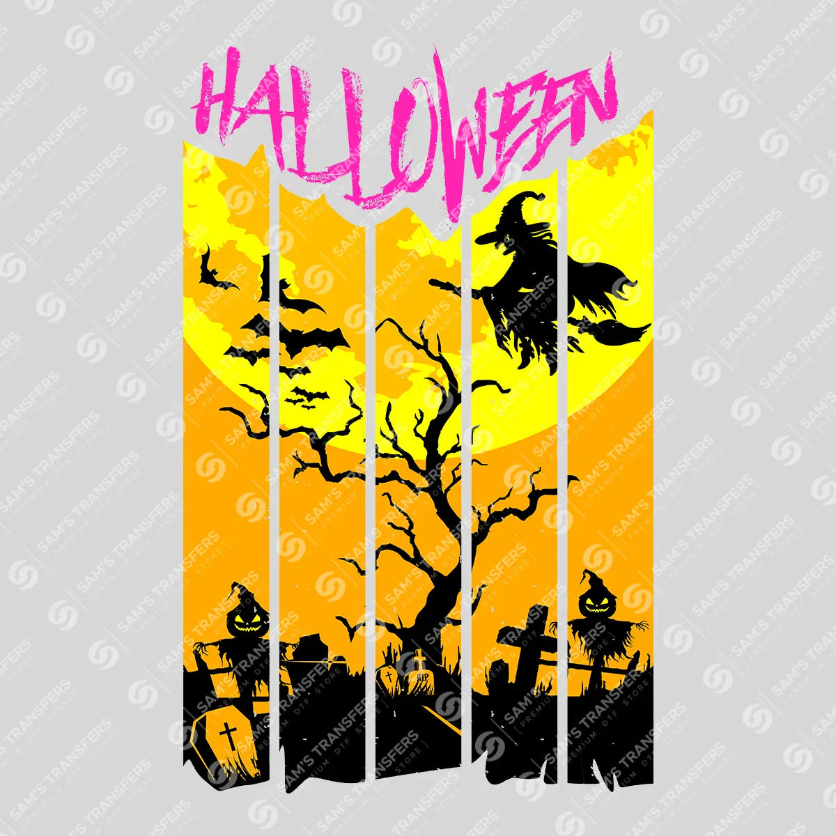 Retro Sunset Halloween DTF Transfer – Witch & Graveyard Scene