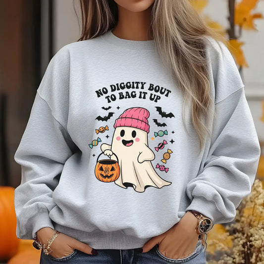 Gray sweatshirt with cute ghost wearing pink beanie holding pumpkin candy bucket, surrounded by bats and candies with text “No Diggity Bout To Bag It Up.”