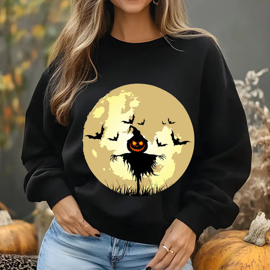 Black sweatshirt featuring a glowing full moon with bats and a creepy pumpkin scarecrow design in the center.