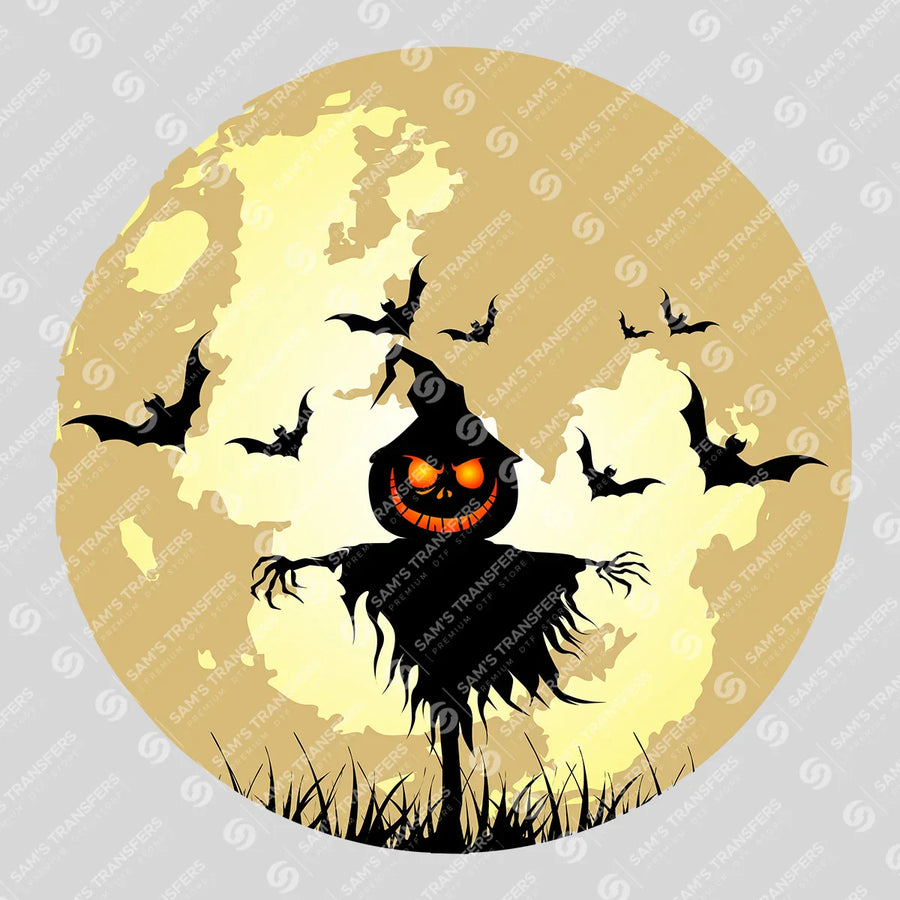 Pumpkin Scarecrow & Full Moon DTF Transfer – Spooky Halloween Design
