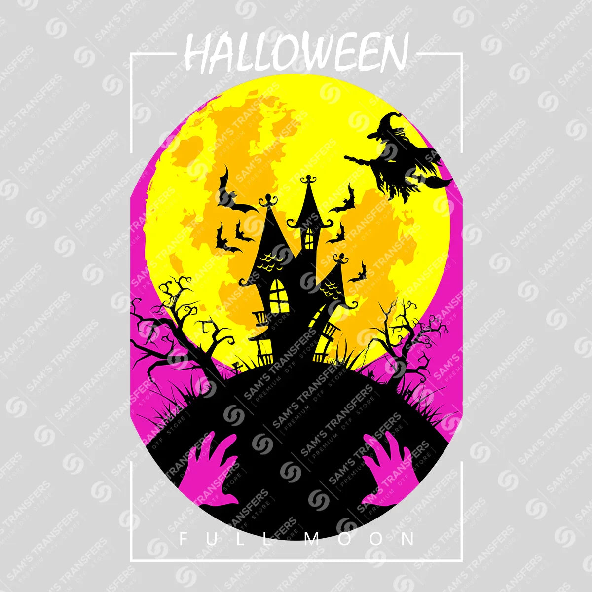 Haunted House Full Moon DTF Transfer – Witch & Bats Halloween Design