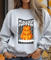 Gray sweatshirt featuring a stacked jack-o’-lantern Halloween DTF design with glowing pumpkins and spooky forest background.