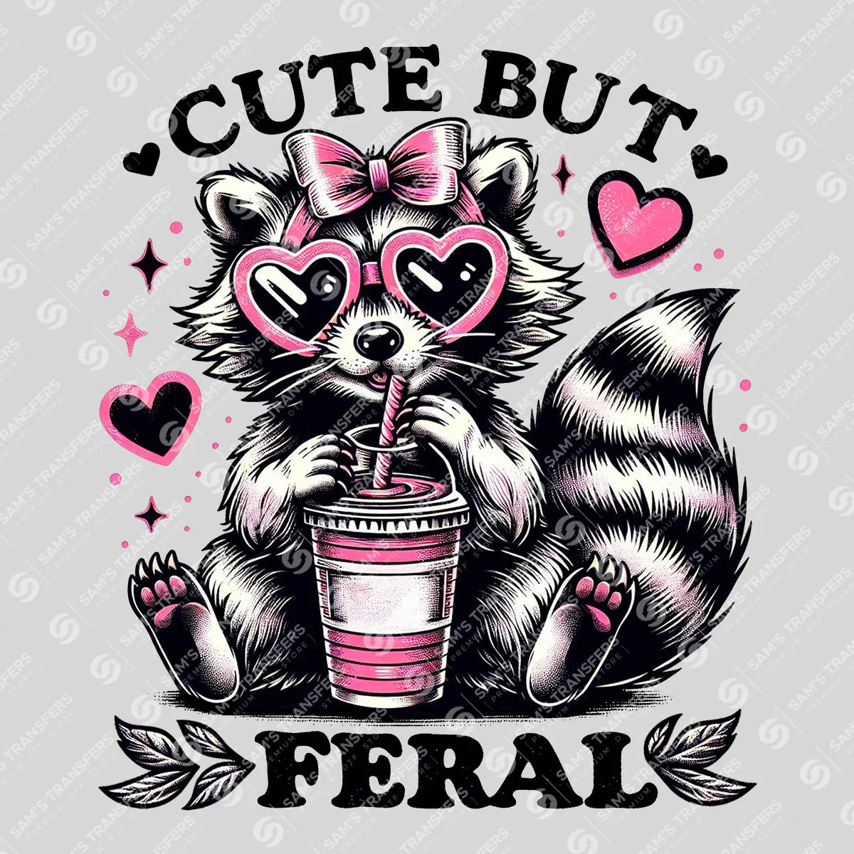 Cute But Feral Raccoon – Pink Heart DTF Transfer