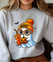 Gray sweatshirt with a cute ghost wearing an orange hat and glasses, holding a pumpkin drink and a jack-o’-lantern, DTF transfer design.