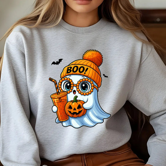 Gray sweatshirt with a cute ghost wearing an orange hat and glasses, holding a pumpkin drink and a jack-o’-lantern, DTF transfer design.