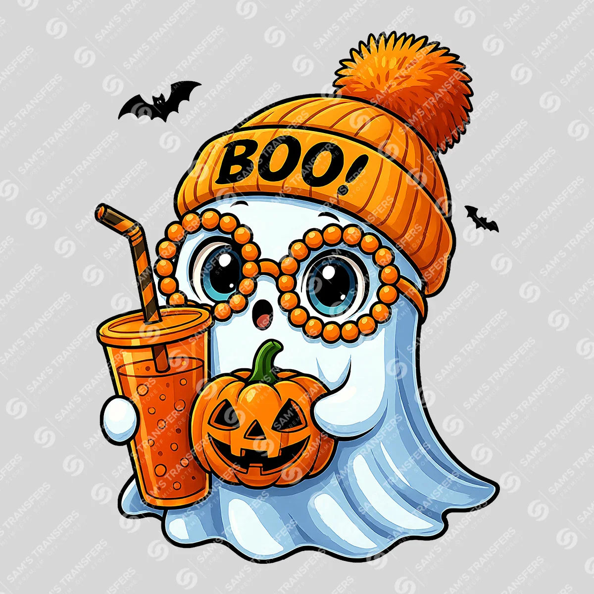 Boo Ghost with Pumpkin Drink – Cute Fall DTF Transfer