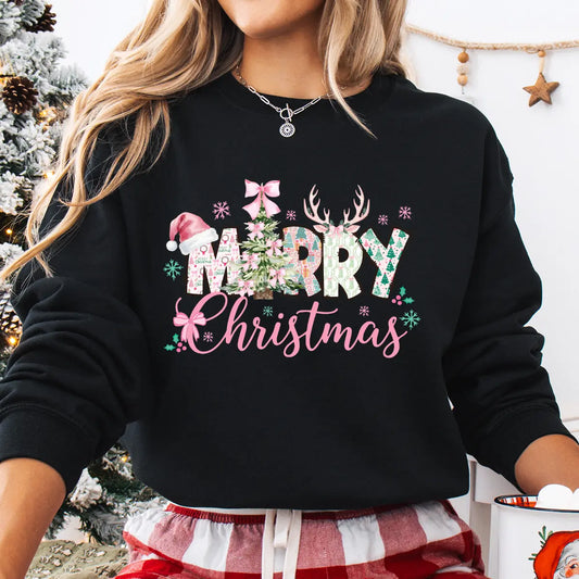 Sweatshirt featuring a Christmas-themed DTF transfer.