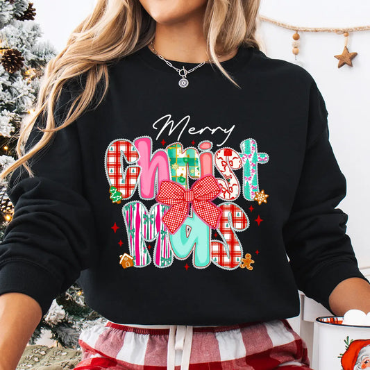 Sweatshirt featuring a Christmas-themed DTF transfer.