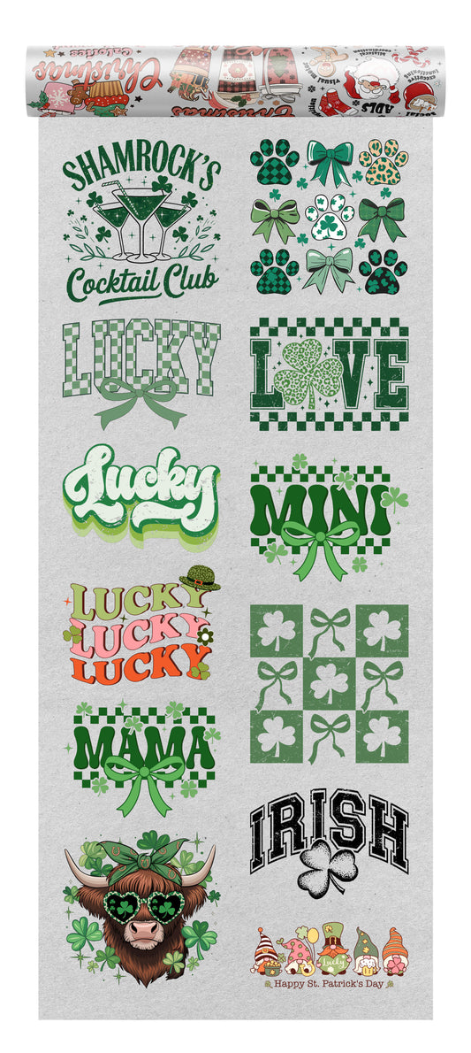 St. Patrick’s Day DTF Transfer Bundle with 12 ready-to-press designs, featuring shamrocks, lucky typography, Irish-themed graphics, and festive bows.