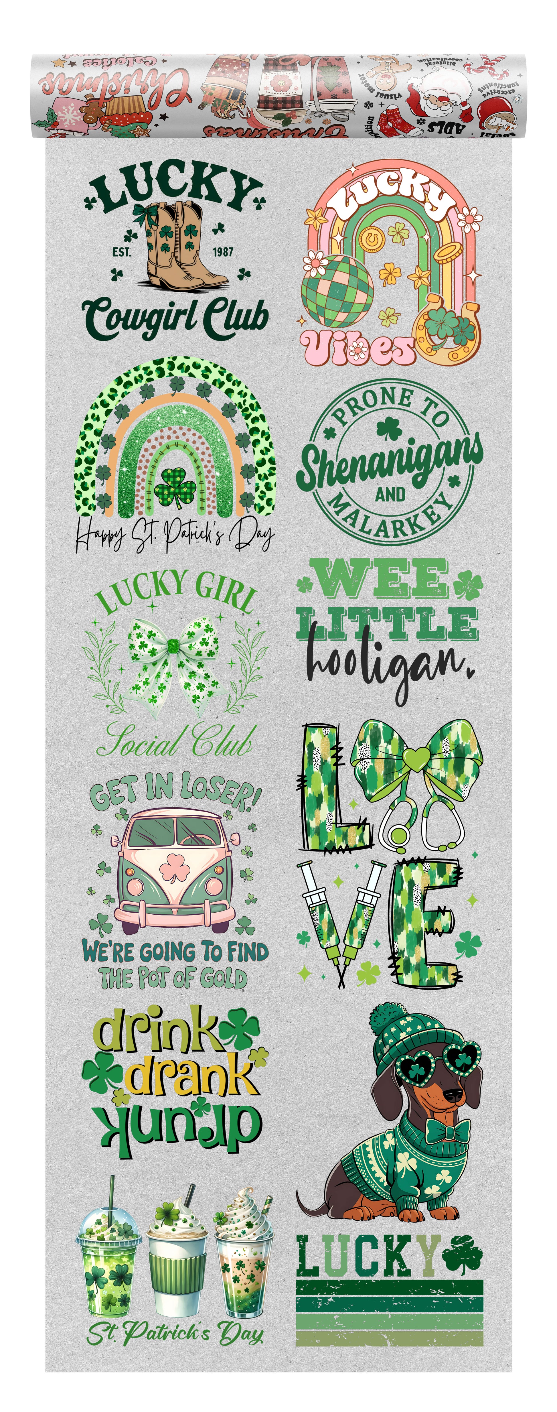 St. Patrick’s Day DTF Transfer Bundle with 12 ready-to-press festive designs, including shamrocks, rainbows, Irish slogans, and holiday-themed elements.