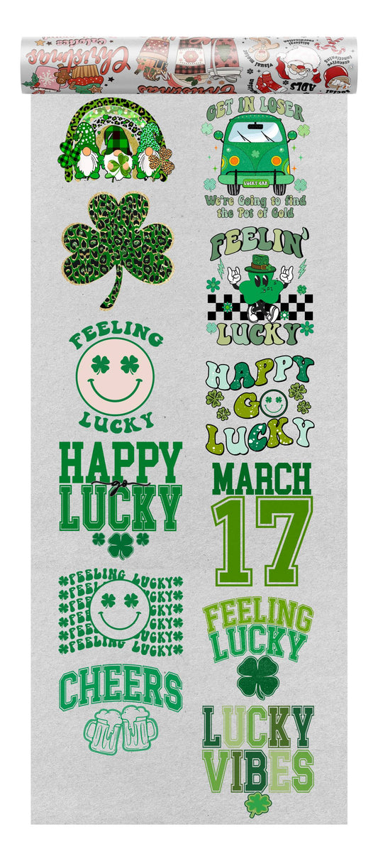 A collection of St. Patrick's Day themed DTF transfers, featuring lucky clovers, festive slogans, and cheerful leprechauns.