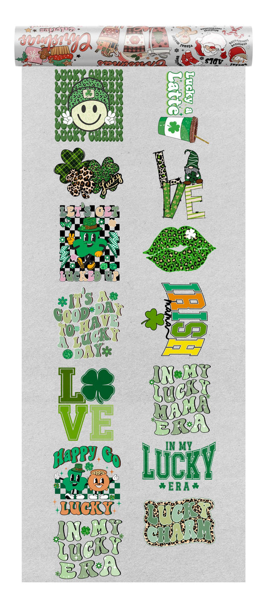 St. Patrick's Day-themed DTF transfer collection, featuring leprechauns, clovers, and festive green designs perfect for celebration.
