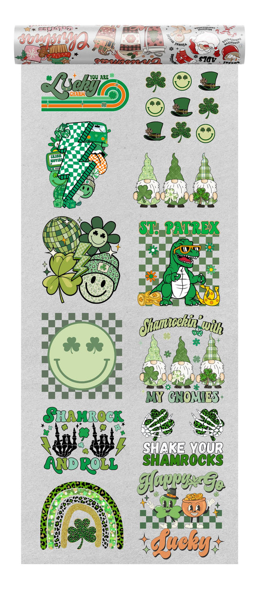 A diverse collection of St. Patrick's Day DTF designs featuring whimsical characters, playful phrases, and traditional symbols like clovers and pots of gold.
