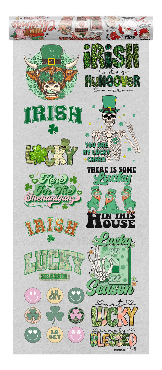 St. Patrick's Day themed DTF bundle featuring a highland cow in a hat, humorous quotes, leprechauns, clovers, and a skeleton with a top hat.