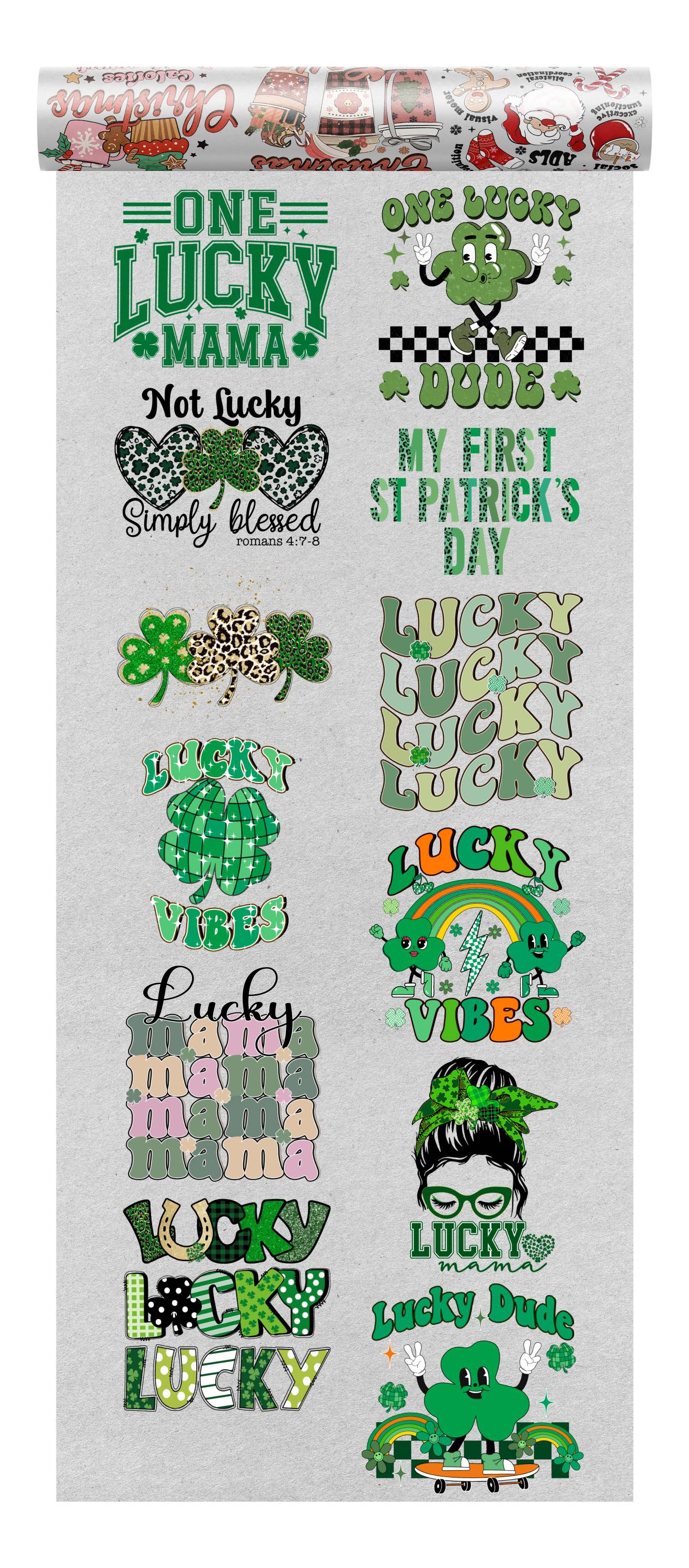 A variety of St. Patrick's Day DTF transfers featuring phrases like 'One Lucky Mama', 'Lucky Dude', and clover graphics, perfect for family celebrations.