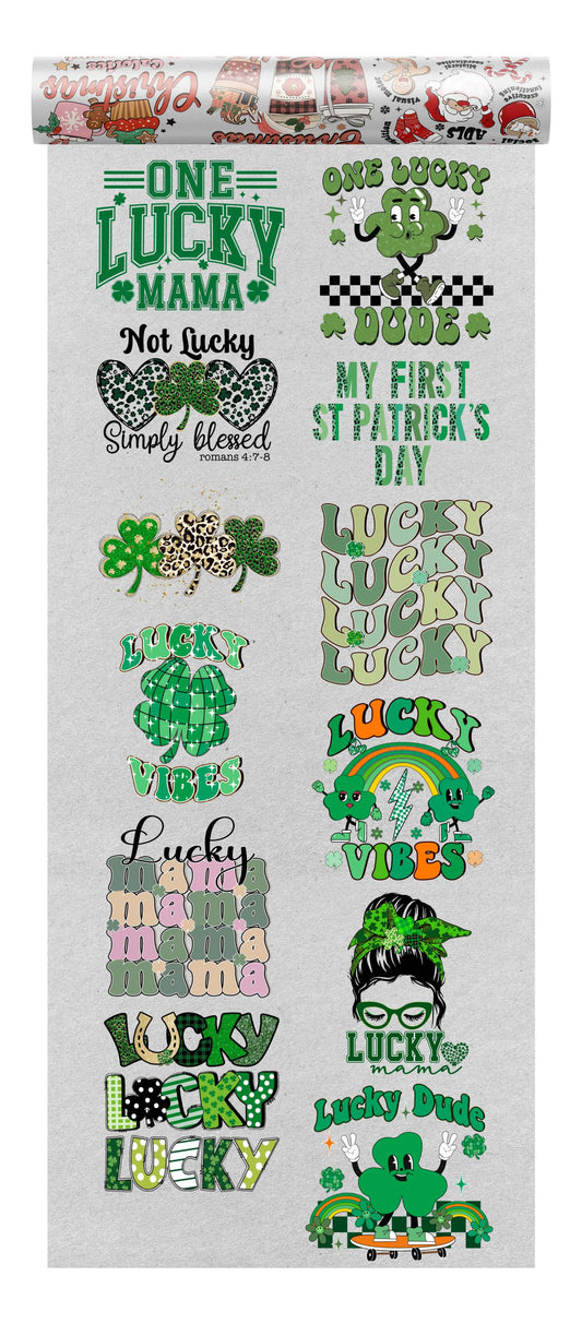 A variety of St. Patrick's Day DTF transfers featuring phrases like 'One Lucky Mama', 'Lucky Dude', and clover graphics, perfect for family celebrations.