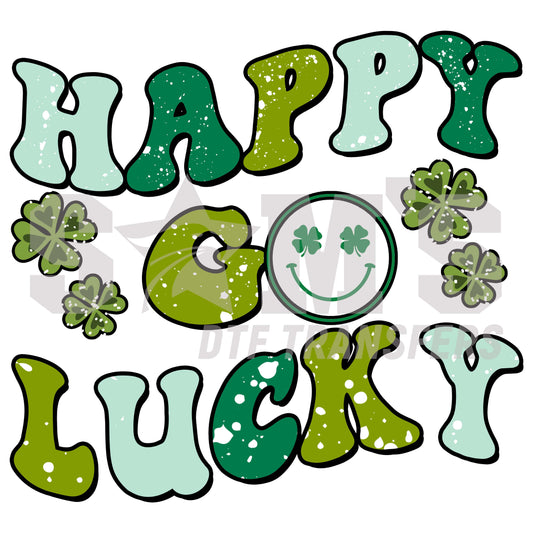 St. Patrick's Day themed DTF transfer design featuring 'HAPPY LUCKY' text with a smiley face and shamrock decorations in green and white