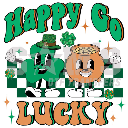 A playful St. Patrick's Day DTF design featuring cheerful characters, a clover, and a pot of gold, with the words 'HAPPY GO LUCKY' in bold green and orange.