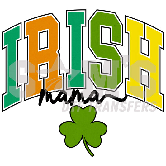 Colorful 'IRISH mama' block lettering with a green clover, designed for St. Patrick's Day celebrations