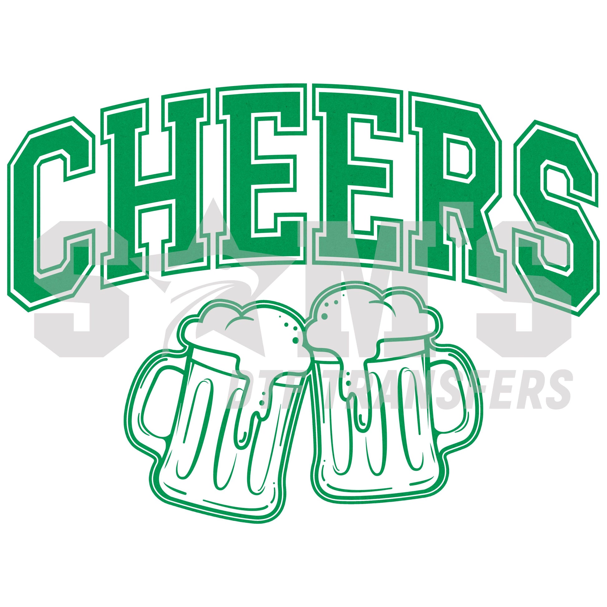 Design featuring the word 'CHEERS' in bold green letters with two frothy beer mugs, celebrating St. Patrick's Day.