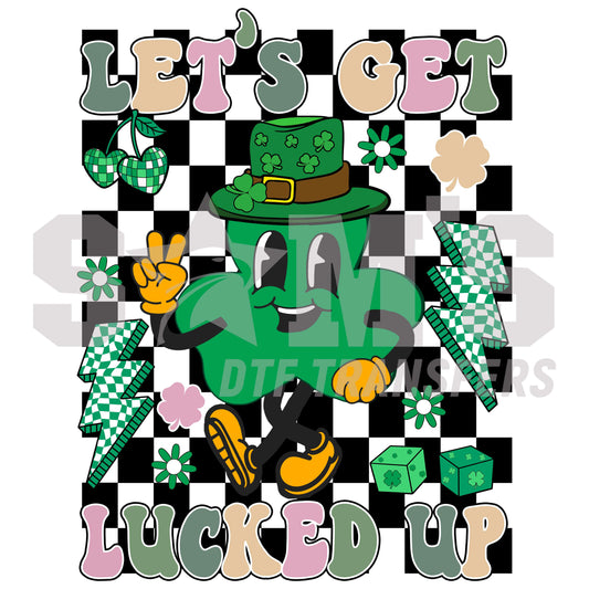 A vibrant St. Patrick's Day design featuring a leprechaun character, checkerboard pattern, and playful 'Let's Get Lucked Up' text