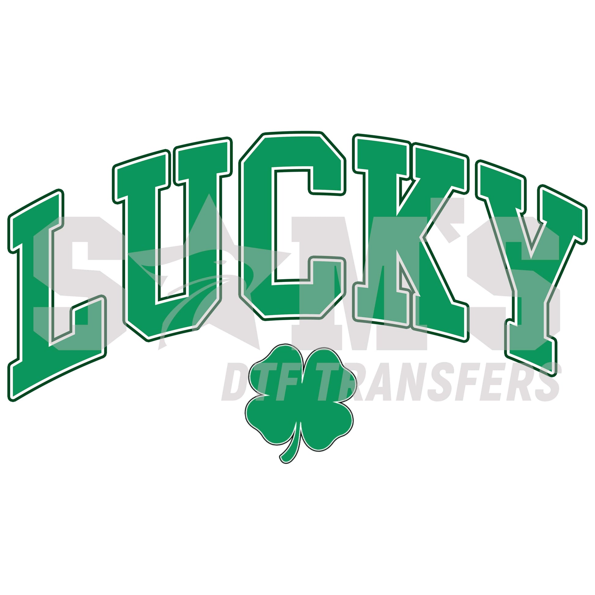 Bold green 'LUCKY' text with a four-leaf clover, designed for St. Patrick's Day celebrations.