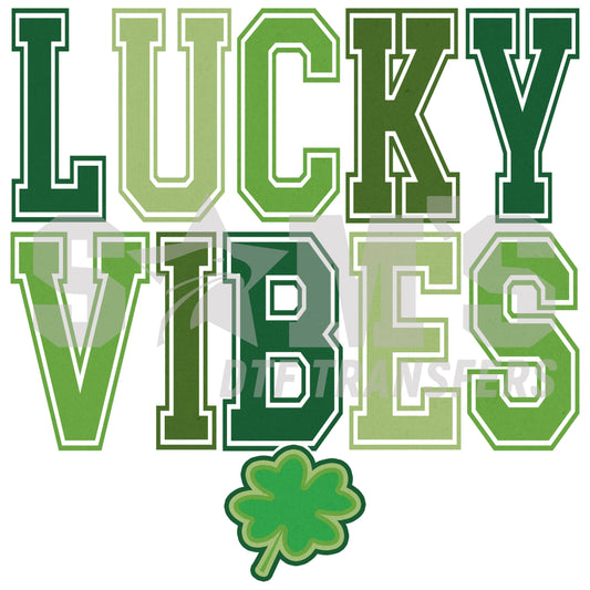 A bold design spelling 'LUCKY VIBES' in gradient green letters with a four-leaf clover, perfect for St. Patrick's Day celebrations.