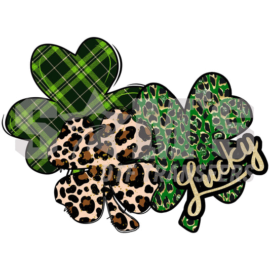 A St. Patrick's Day themed graphic with layered clovers in leopard print and plaid patterns, embellished with a glittery 'Lucky' script.