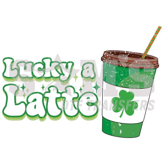 Illustration of a festive coffee cup with 'Lucky a Latte' text and a clover, celebrating St. Patrick's Day.