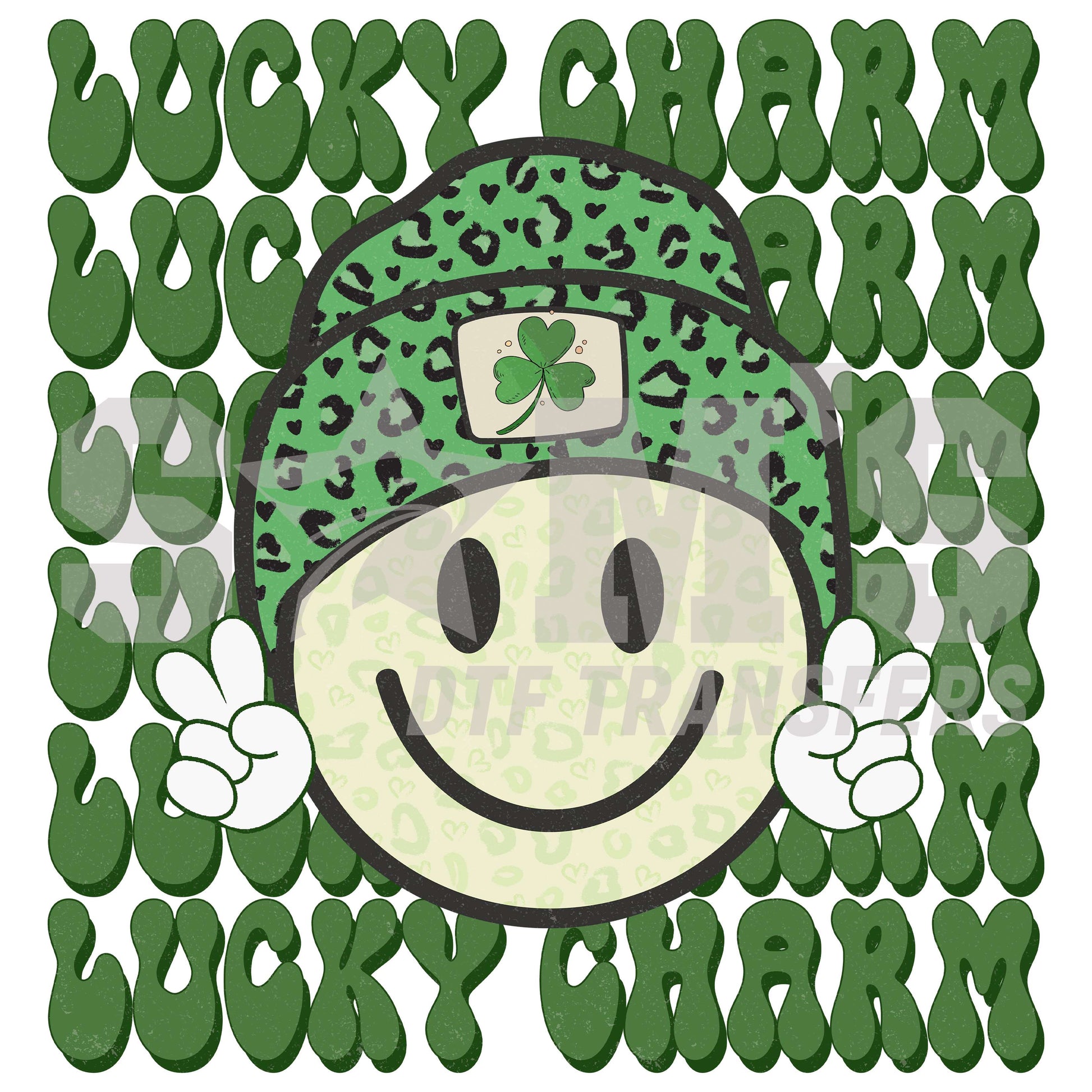 A cheerful face with a green leopard print hat and a four-leaf clover, surrounded by 'Lucky Charm' text in a St. Patrick's Day theme.