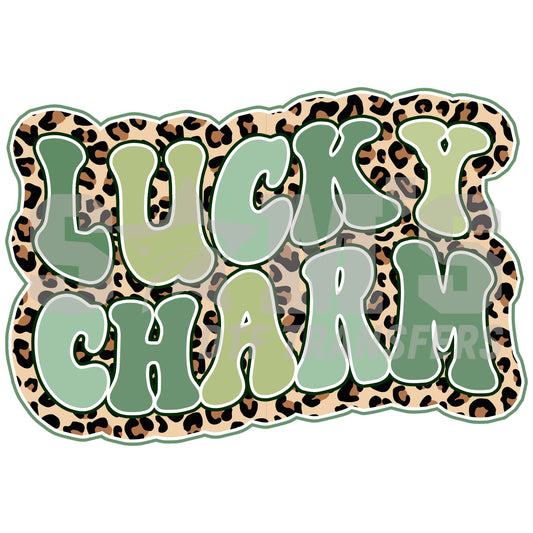 Green 'Lucky Charm' text with a leopard print backdrop and outline, designed for St. Patrick's Day.