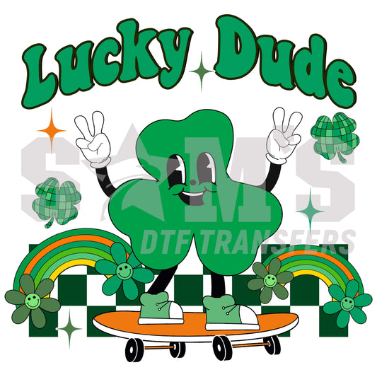 Cartoon shamrock on a skateboard with the phrase 'Lucky Dude' in bold green letters, St. Patrick's themed.