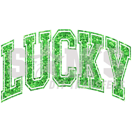 The word 'LUCKY' with a sparkling green glitter effect, outlined in white, for St. Patrick's Day decoration.