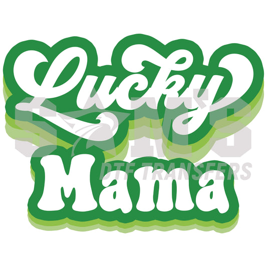 Elegant 'Lucky Mama' script decal with green gradient and white highlights for St. Patrick's Day.