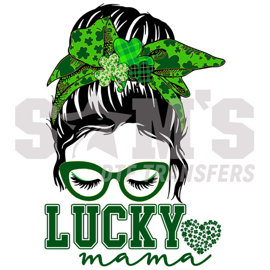 Black and white illustration of a woman with a green headscarf, shamrock patterns, glasses, and 'Lucky Mama' text for St. Patrick's Day.