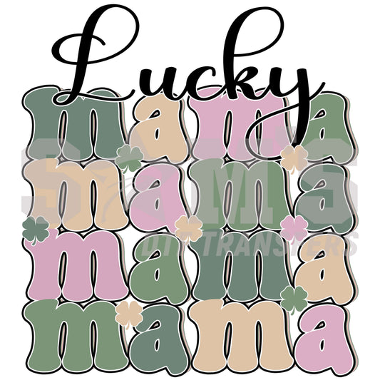 Decorative 'Lucky Mama' text in shades of green and pink with shamrock details, designed for St. Patrick's Day apparel.