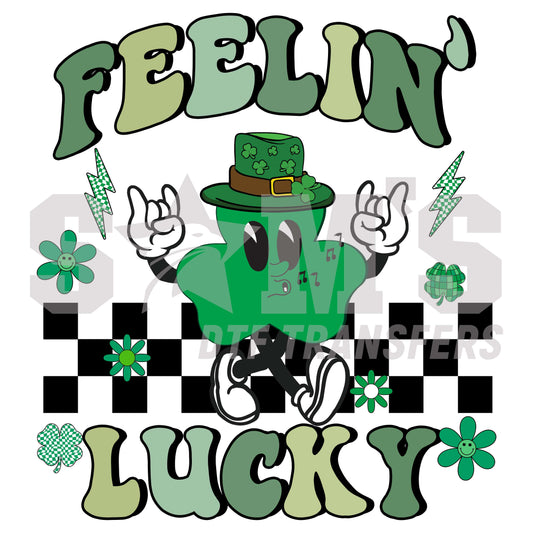 St. Patrick's Day DTF design showcasing a playful character wearing a leprechaun hat, surrounded by shamrocks and lightning bolts on a checkered background.