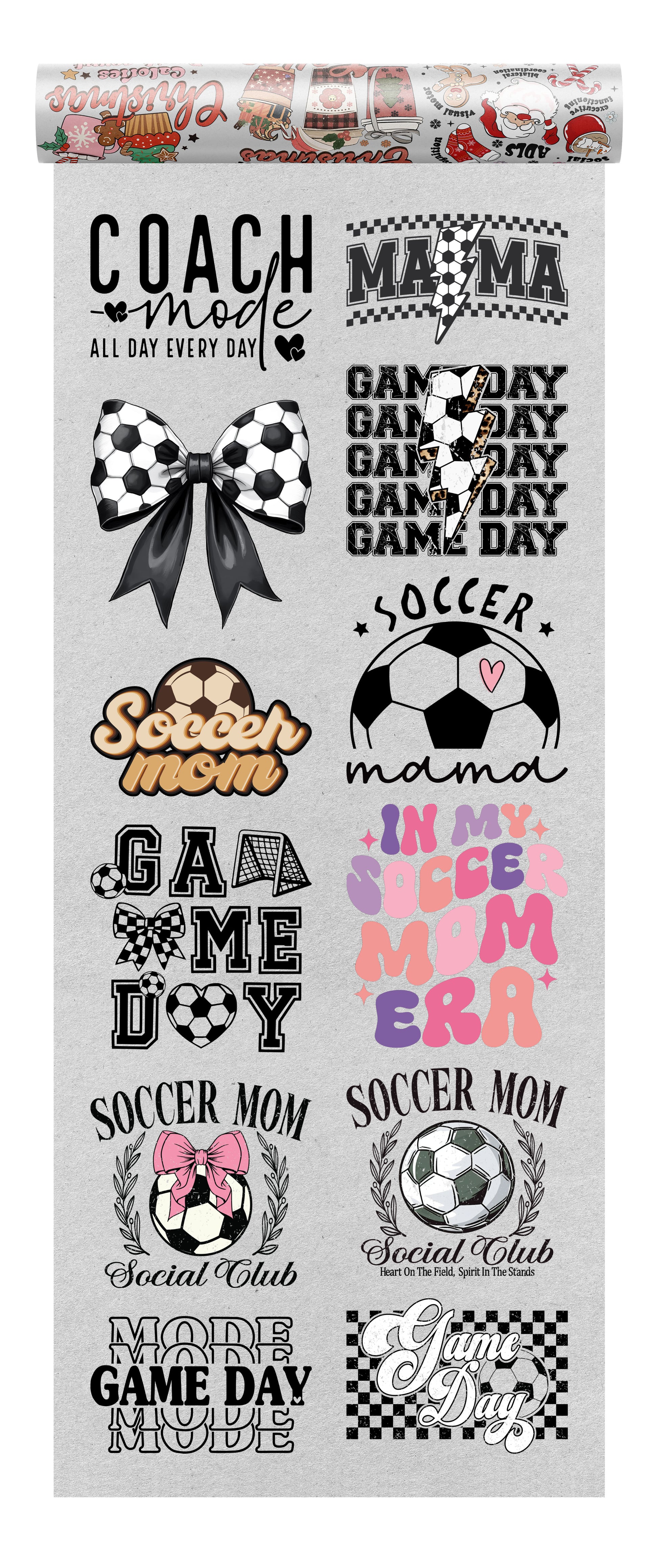 Soccer Mom DTF heat transfer bundle featuring 12 ready-to-press soccer designs, including soccer mom quotes, coach mode graphics, game-day typography, and sports-themed bows.